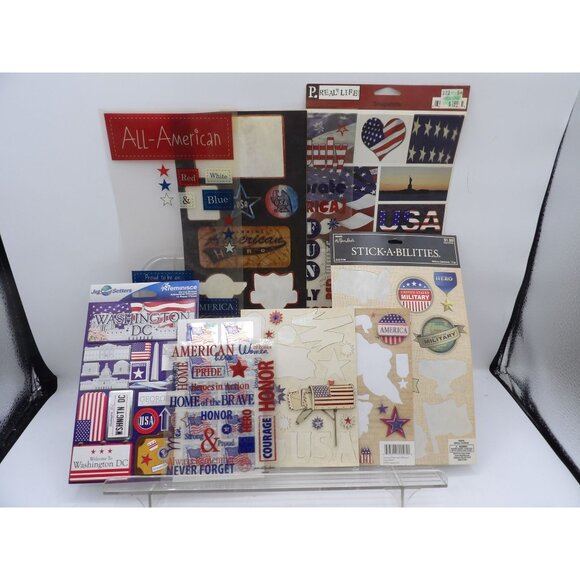 143 Patriotic Stickers, 11 Partial Sheets Flags, Words, Military, Images - Picture 1 of 10